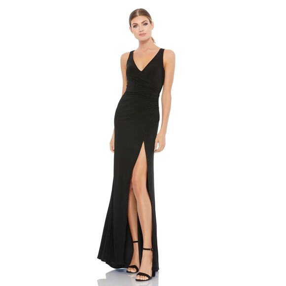 Mac Duggal 26513 Black Ruched Stretch Jersey V-Neck Gown Size 4 NEW - Picture 1 of 7